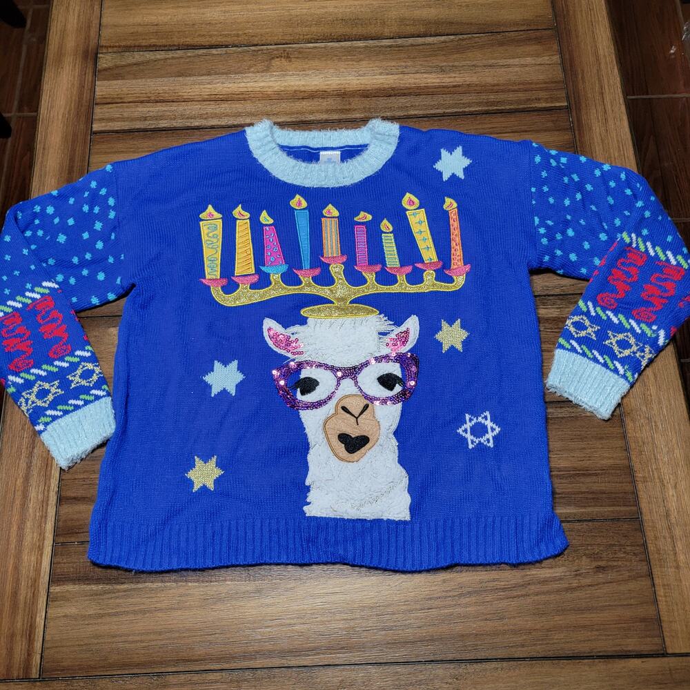 Celebrate Hanukkah Blue Knit Llama Menorah Sweater - Size Large (12-14)
